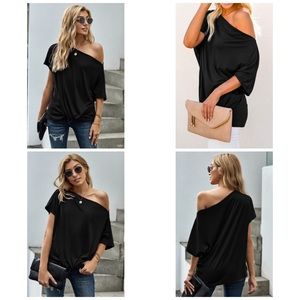 Brand New Black Off-The-Shoulder Slash Neck Casual Loose Fitting Top